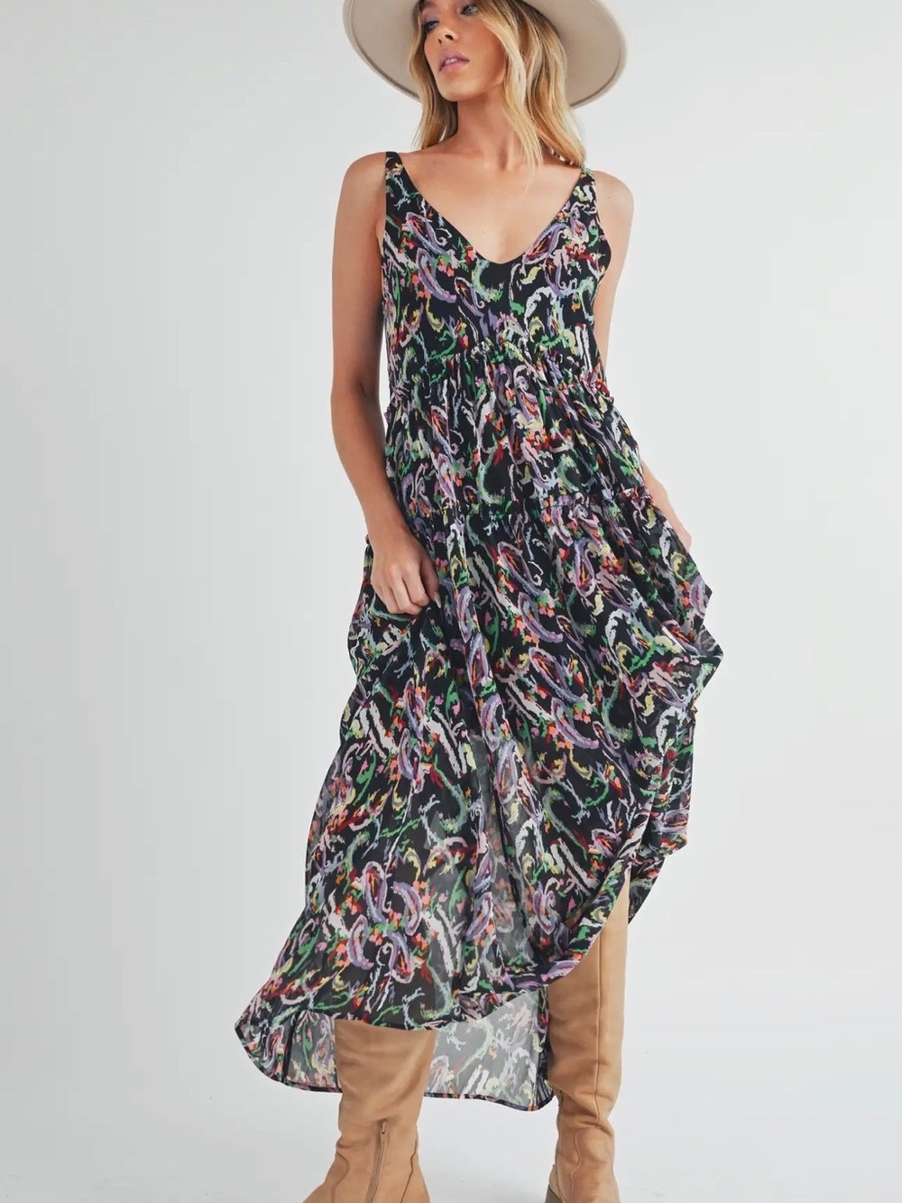 Black Multi-Print V-Neck Maxi Dress